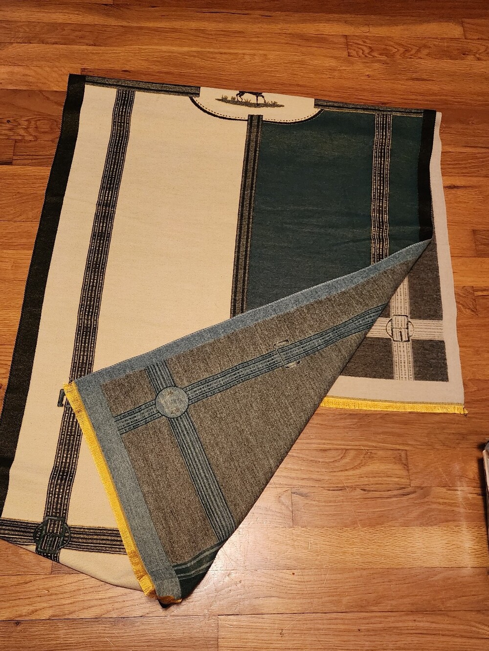 Cream and Dark Green Woven Decorative Throw
